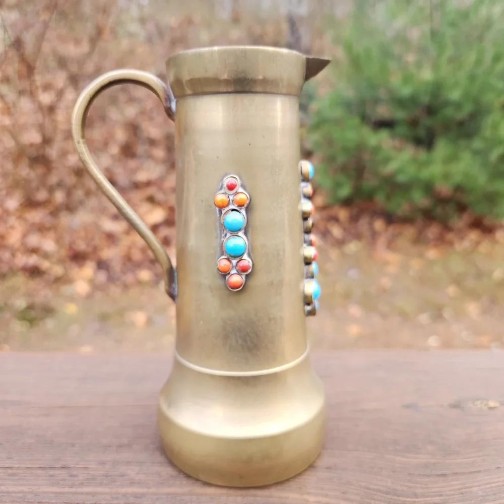 Vintage Brass Pitcher with Turquoise, Red And Black Stones